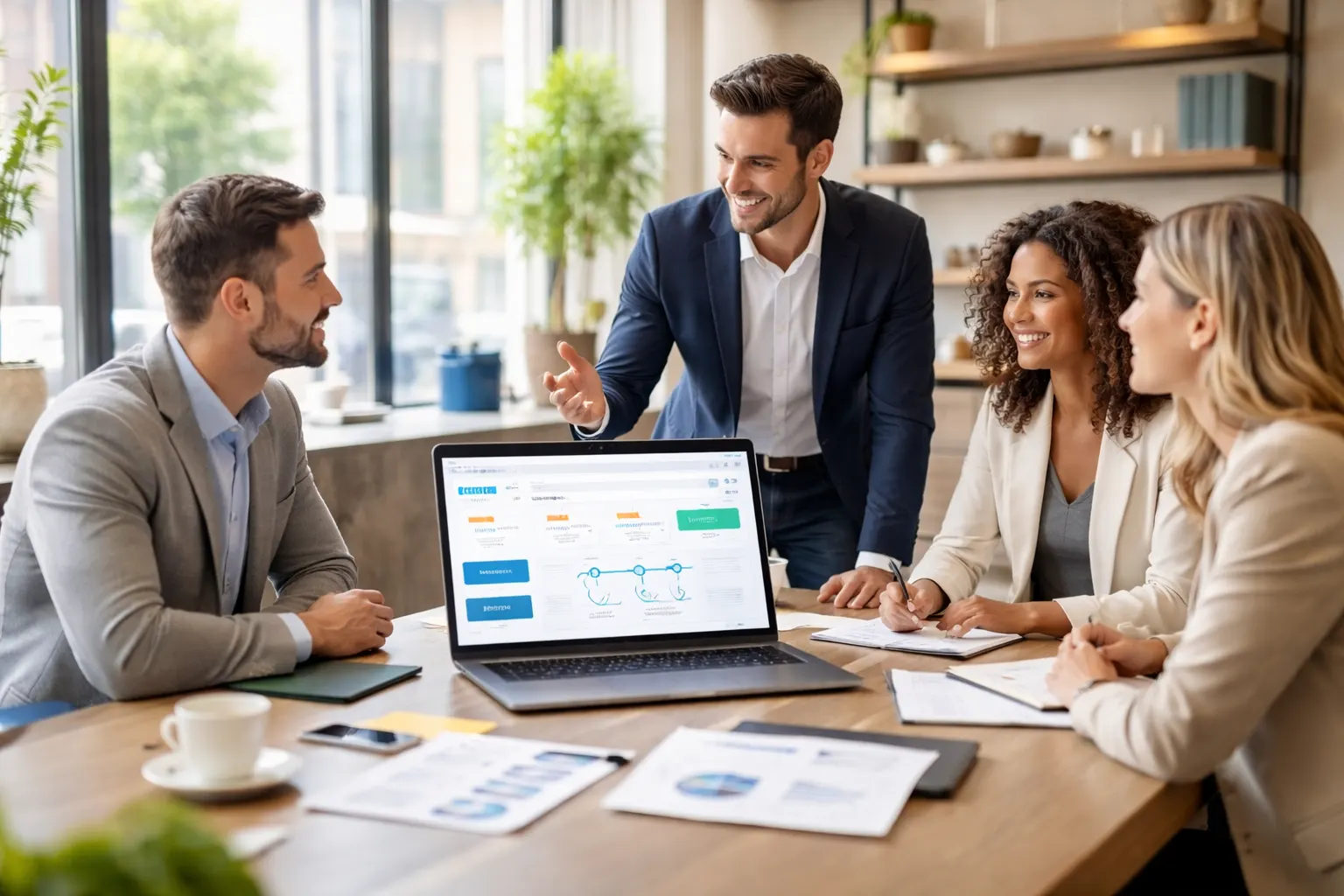 Equipe comercial bem-vestida usando CRM em escritório moderno e sofisticado