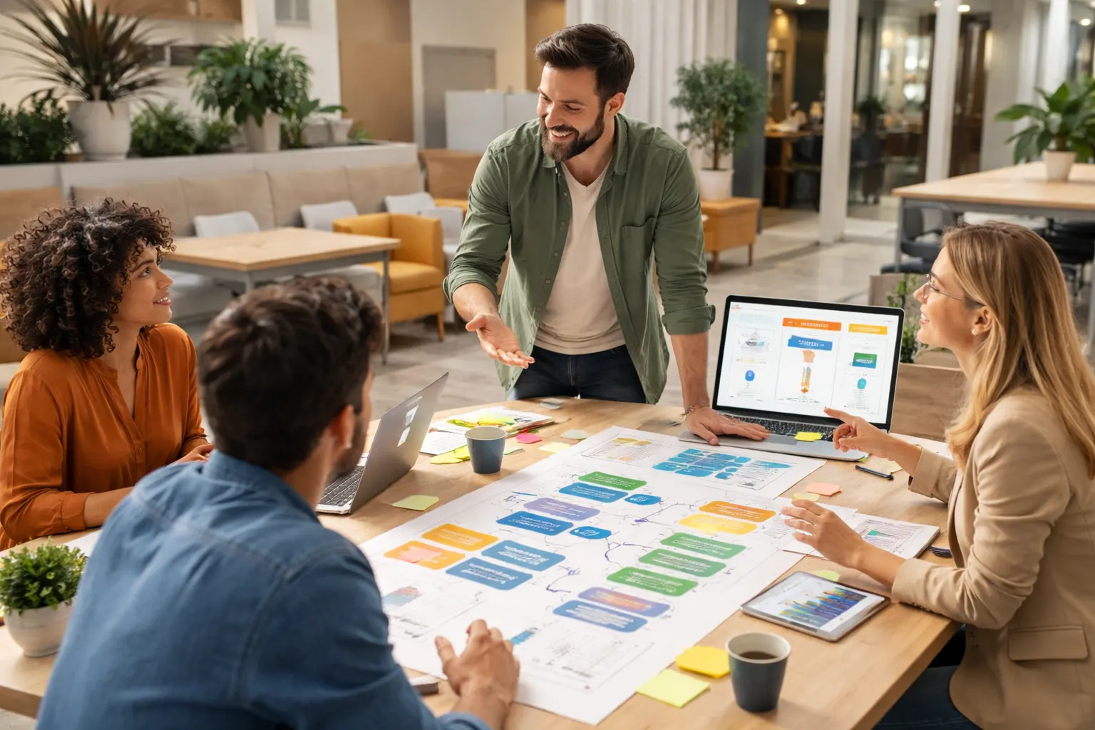 Equipe comercial bem-vestida usando CRM em escritório moderno e sofisticado