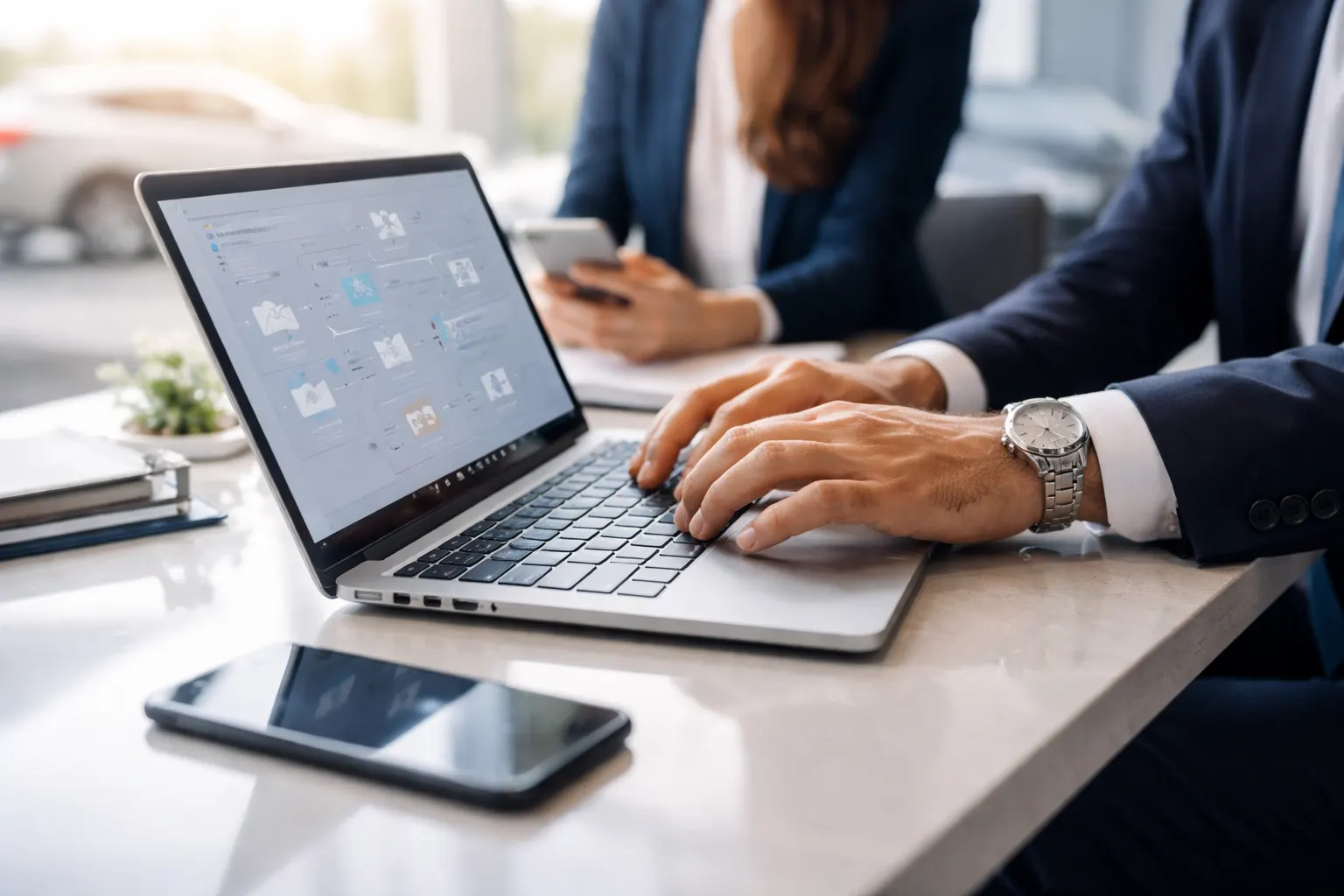 Profissionais comerciais organizados e confiantes usando CRM em escritório moderno