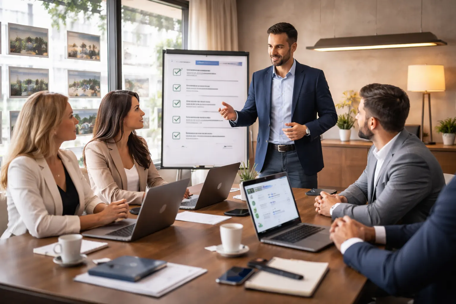 Equipe comercial de imobiliária em escritório moderno usando WhatsApp e CRM para atendimento
