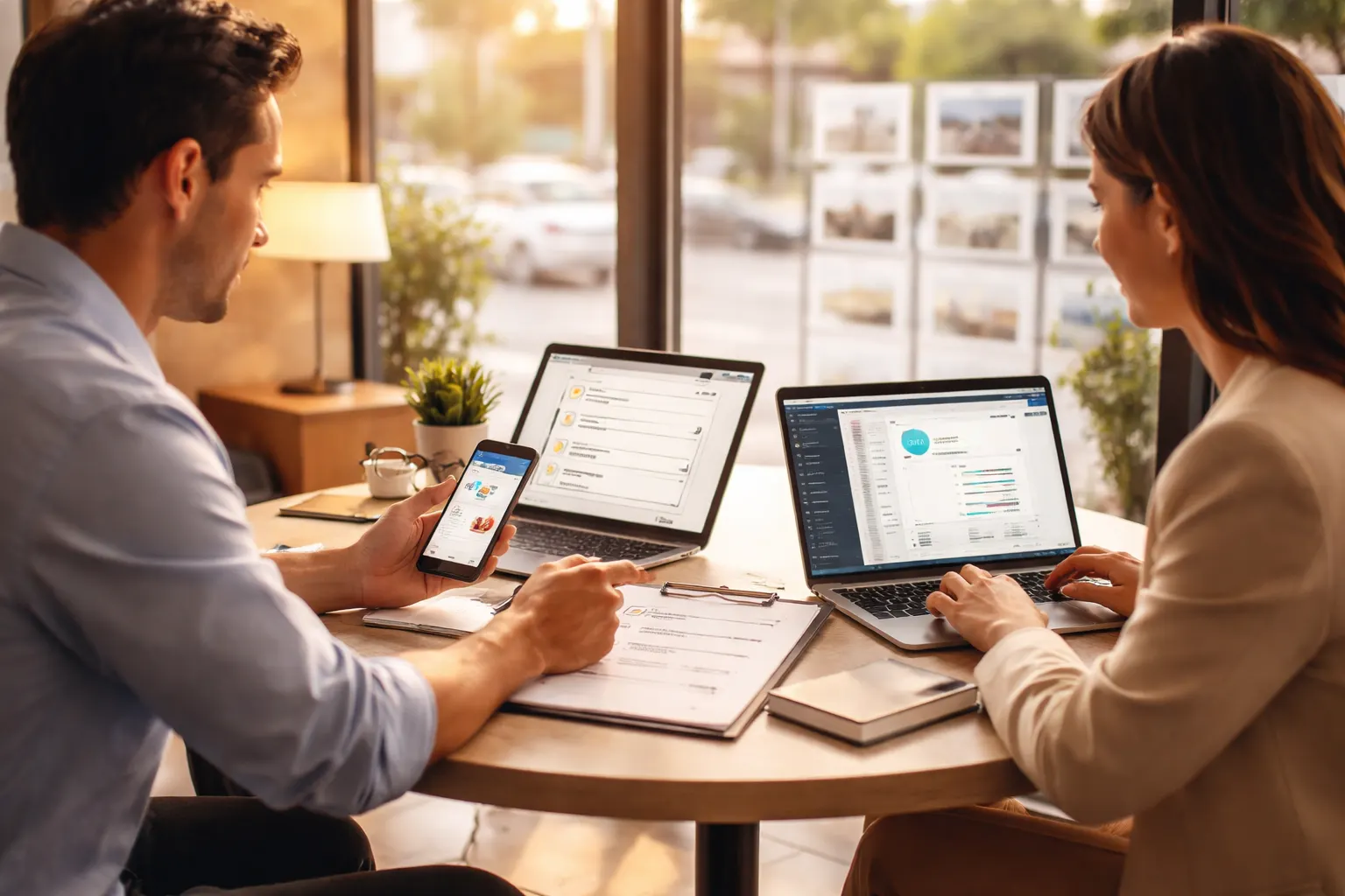 Equipe comercial de imobiliária em escritório moderno usando WhatsApp e CRM para atendimento