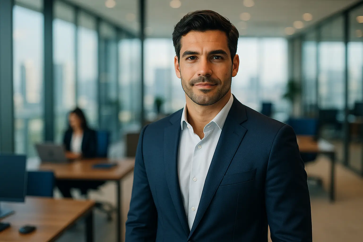 Gestor comercial liderando equipe em reunião de follow-up em escritório moderno.