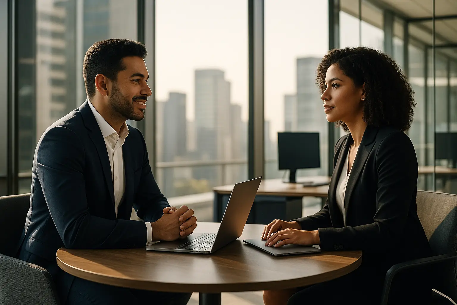 Gestor comercial e equipe organizando fila de leads em escritório moderno.