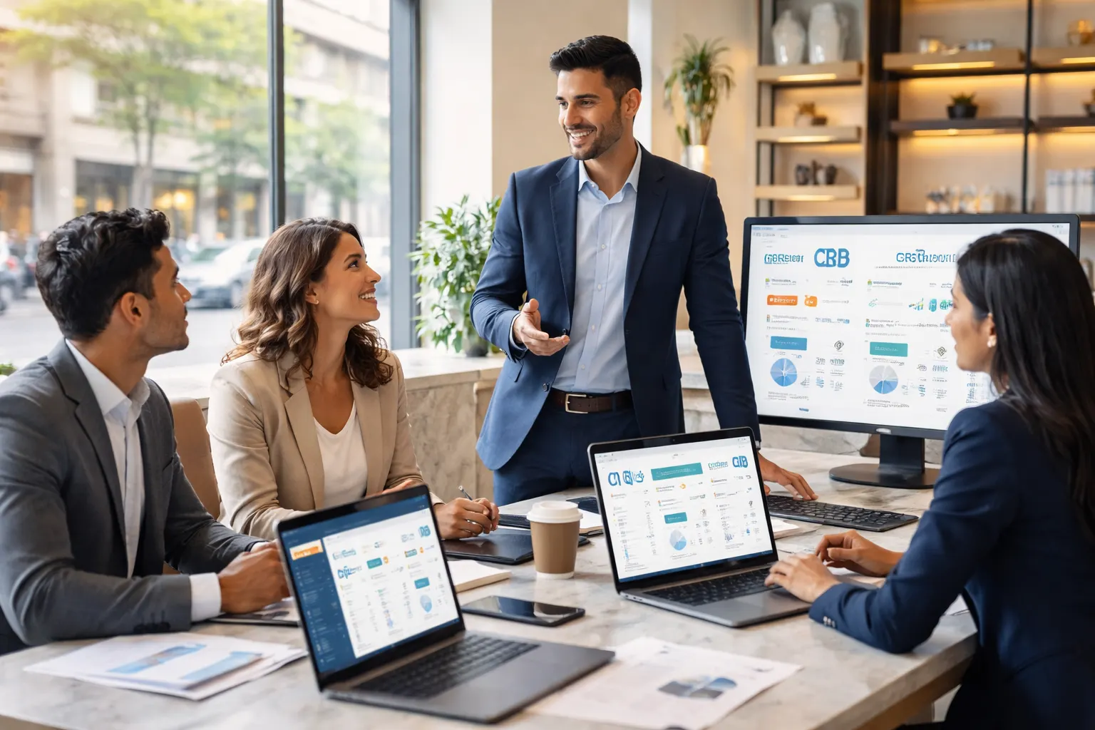 Equipe de vendas corporativa usando CRM em escritório moderno e iluminado
