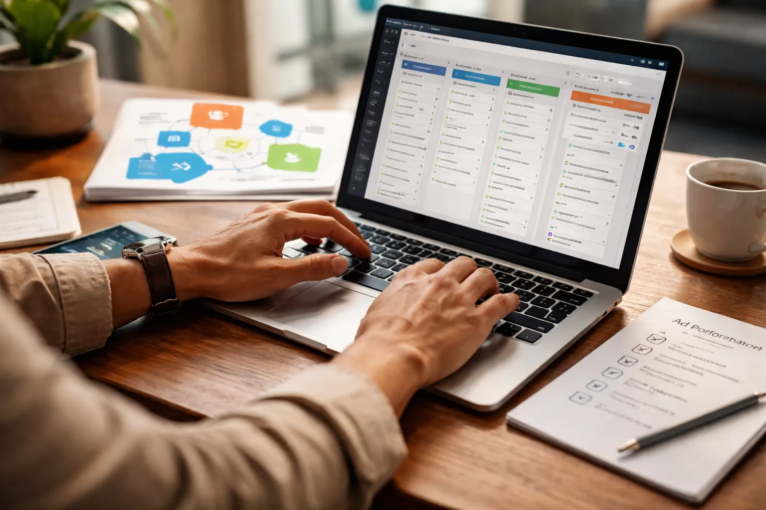 Equipe de vendas corporativa usando CRM em escritório moderno e iluminado