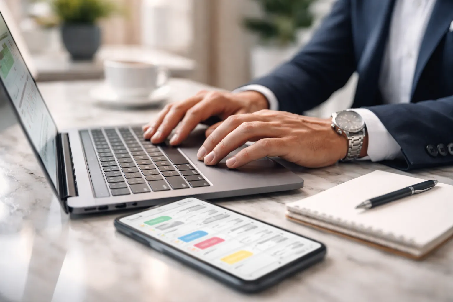 Profissionais corporativos confiantes em escritório moderno discutindo métricas de vendas e CRM