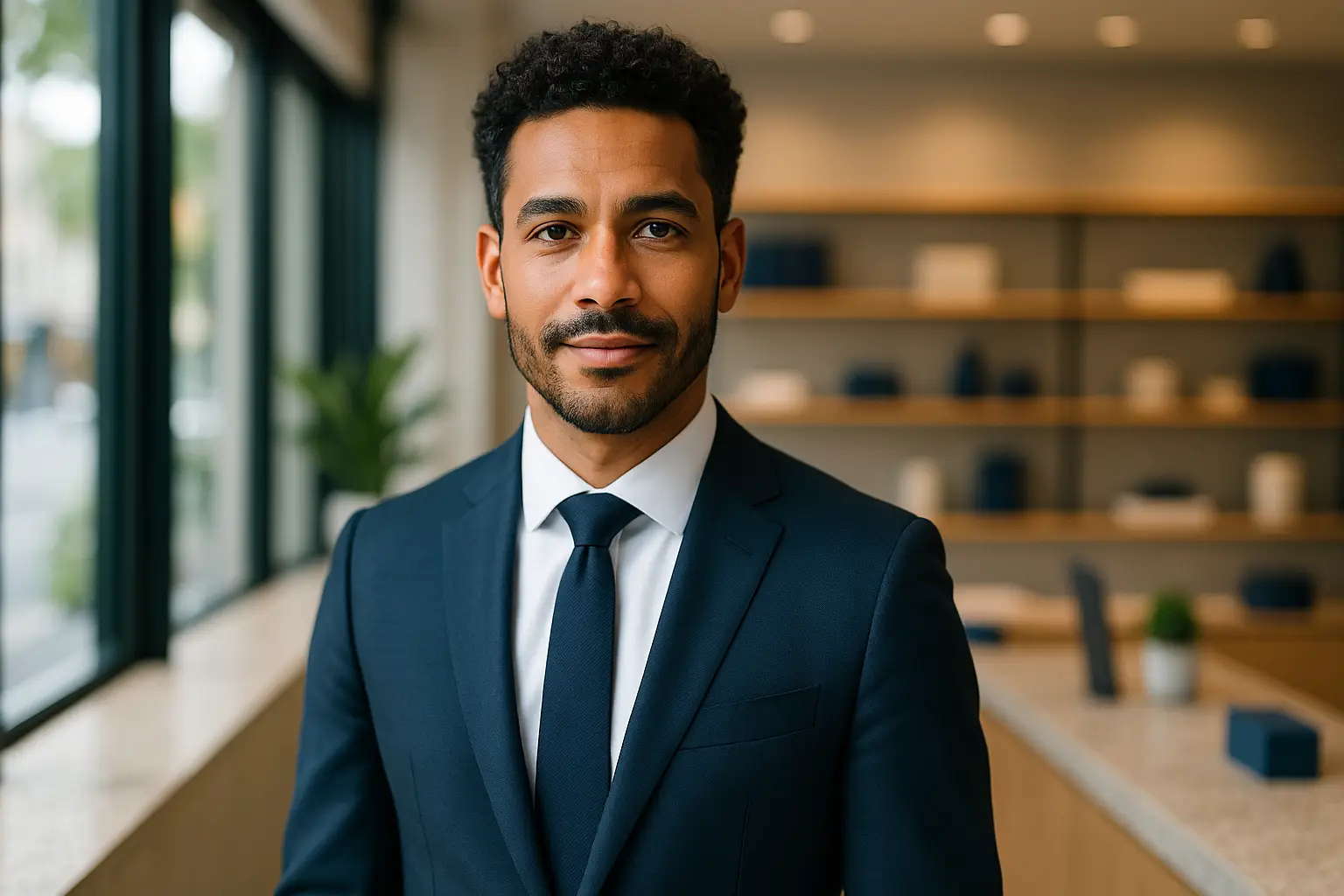 Equipe comercial bem-vestida em escritório moderno, atendendo leads em laptops e celulares com foco e agilidade.