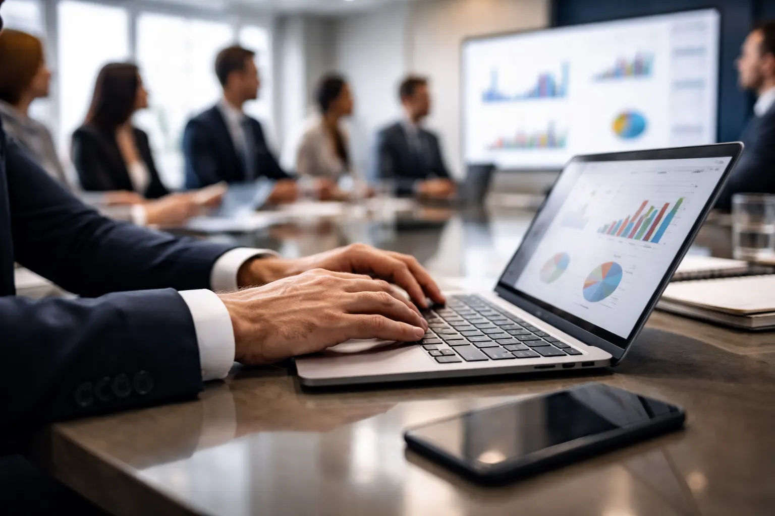 Equipe de vendas em escritório moderno discutindo distribuição de leads no WhatsApp