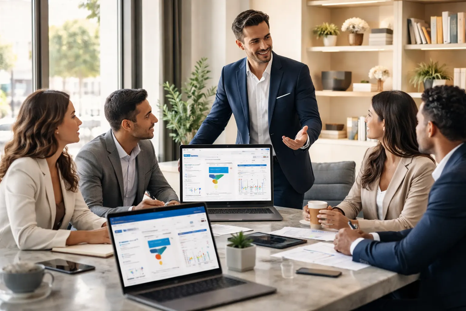 Equipe comercial engajada usando CRM em escritório moderno e sofisticado