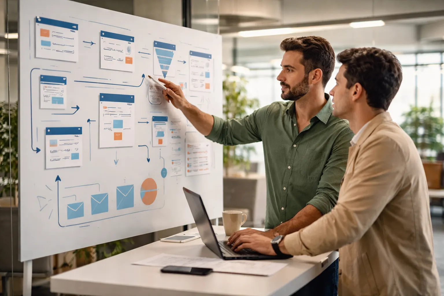 Equipe comercial engajada usando CRM em escritório moderno e sofisticado