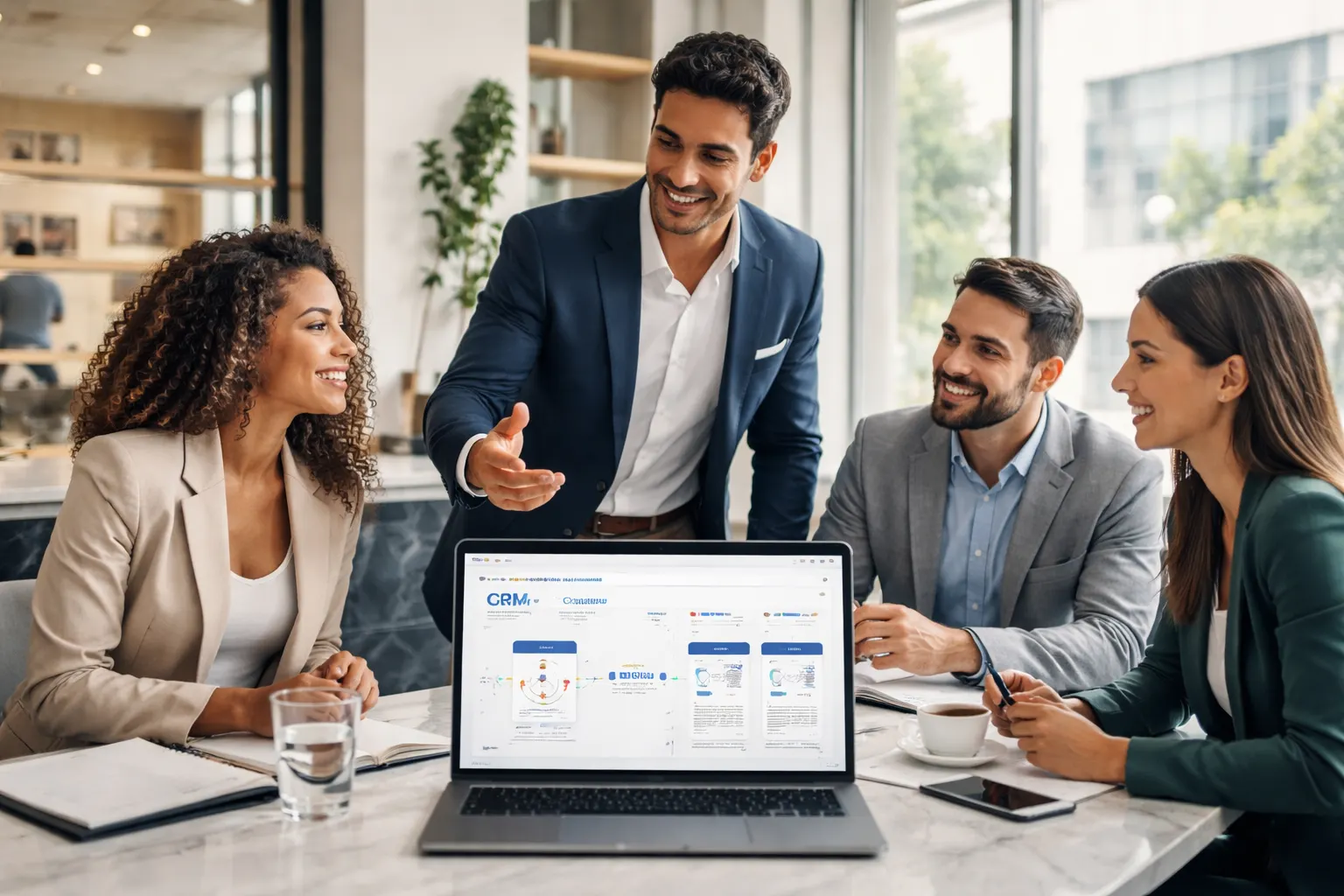 Equipe comercial brasileira em escritório moderno usando CRM para WhatsApp
