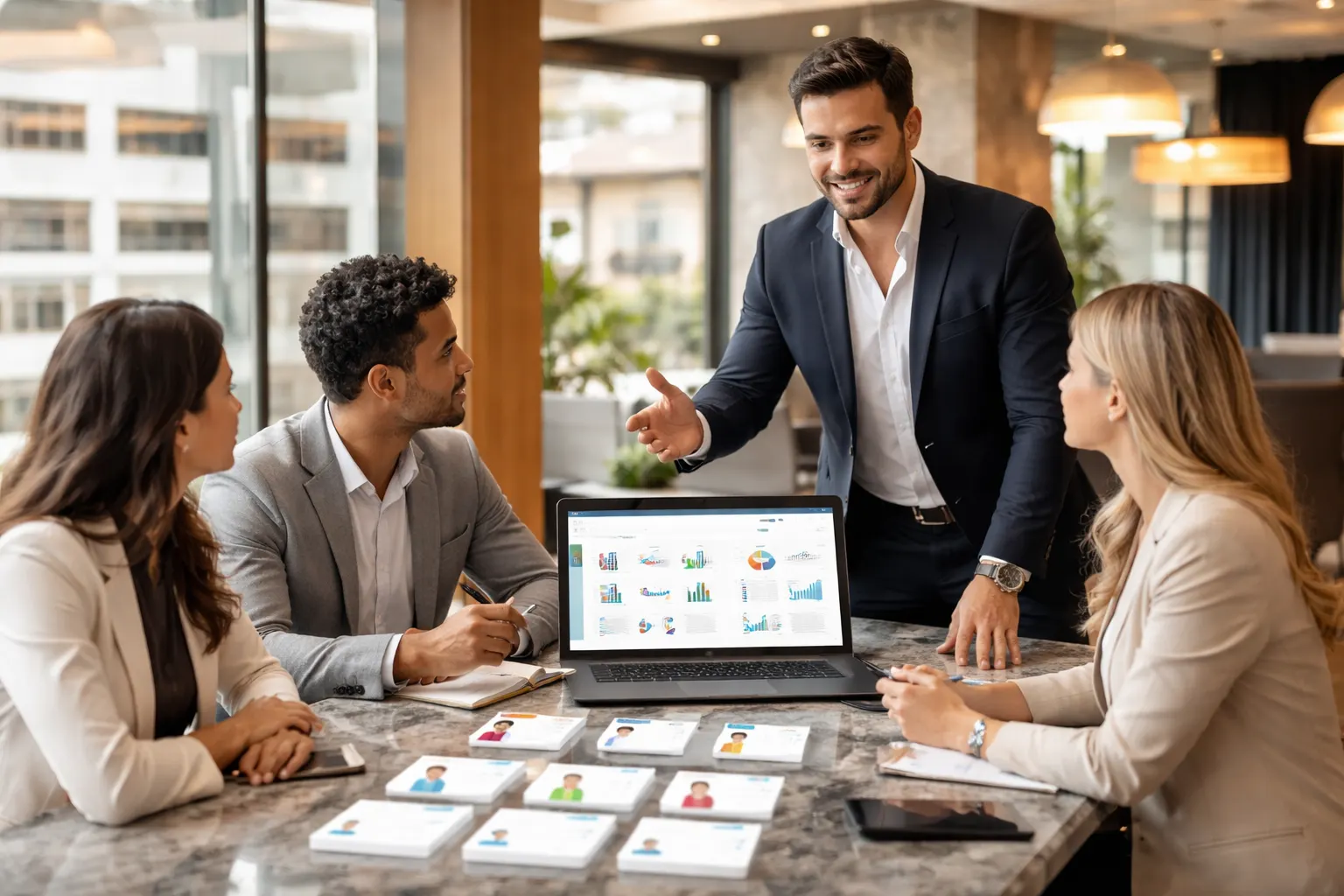 Equipe comercial organizada discutindo fila de leads em escritório moderno