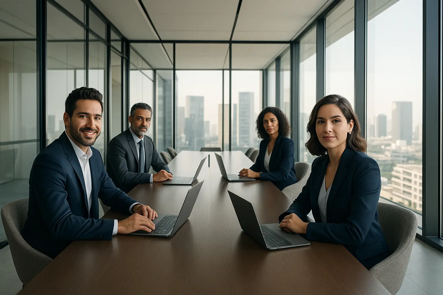 Equipe comercial organizada em torno de um quadro Kanban em escritório moderno
