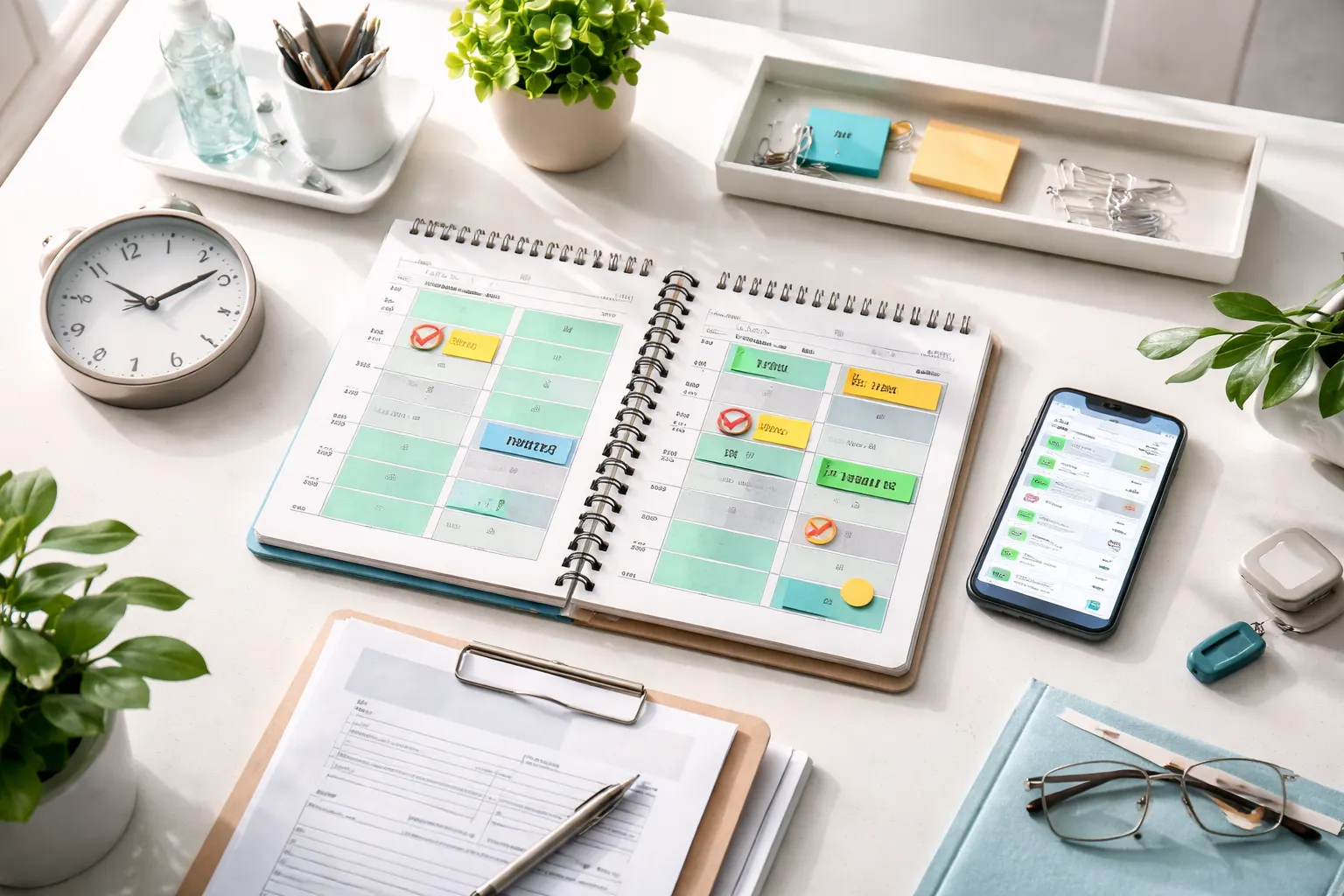 Equipe médica organizada em clínica moderna usando WhatsApp e CRM para gerenciar agenda de pacientes