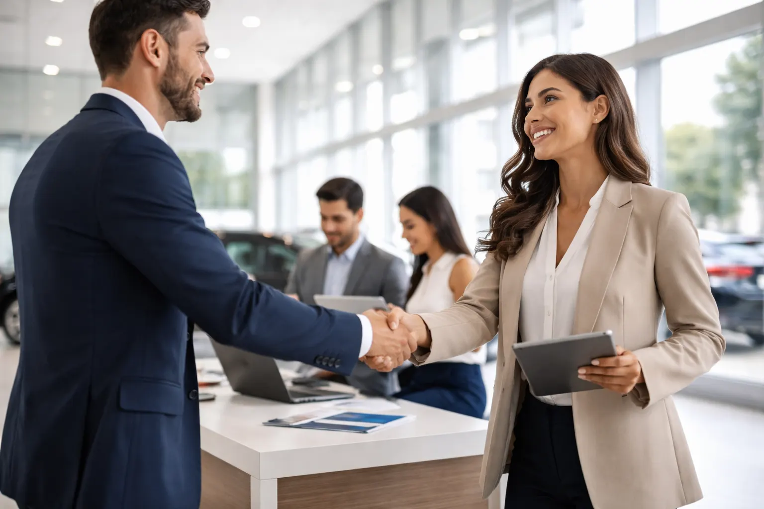 Equipe comercial profissional utilizando software CRM moderno em escritório sofisticado