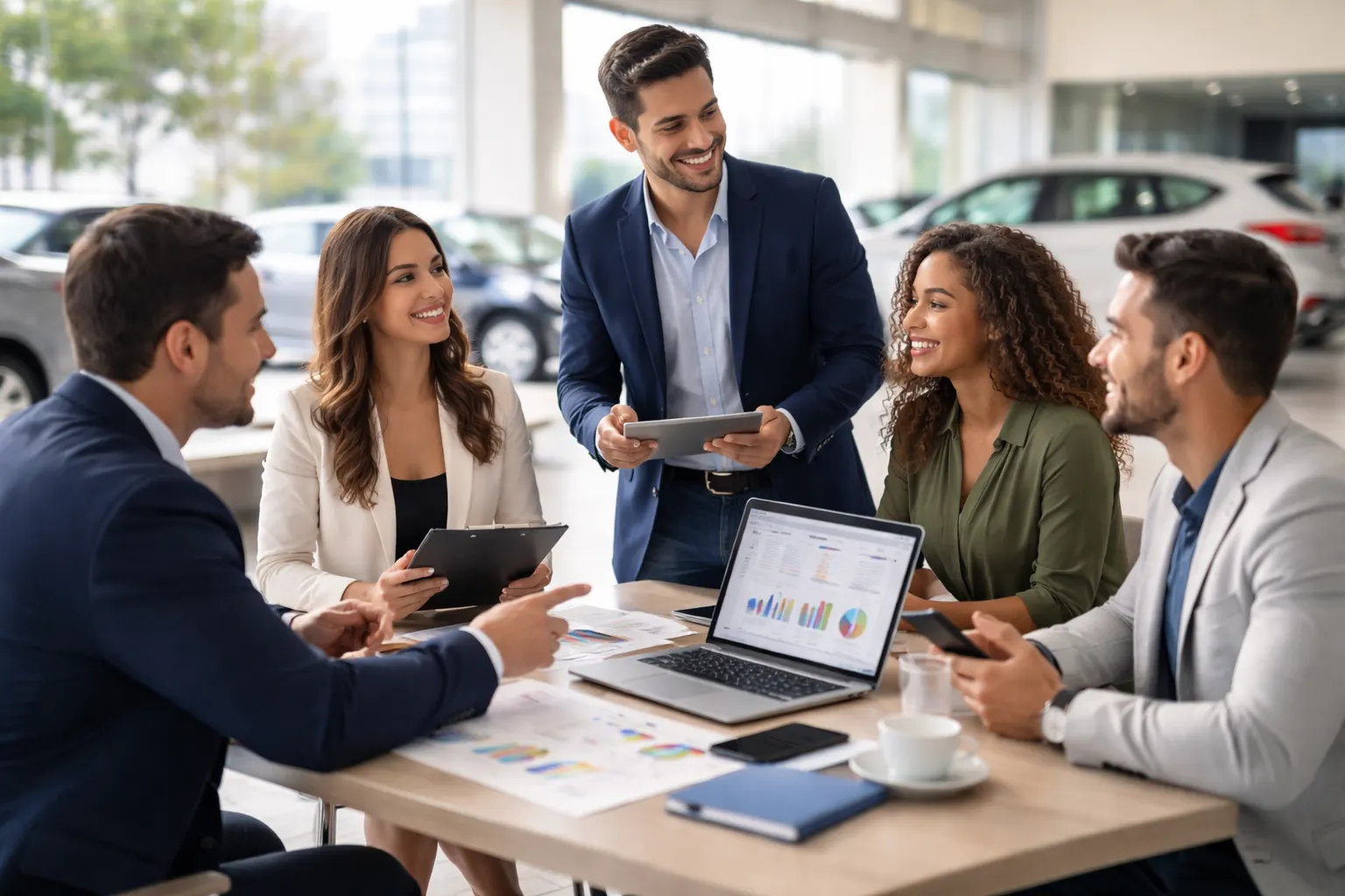 Profissionais de negócios discutindo resultados de campanhas de marketing digital em escritório moderno