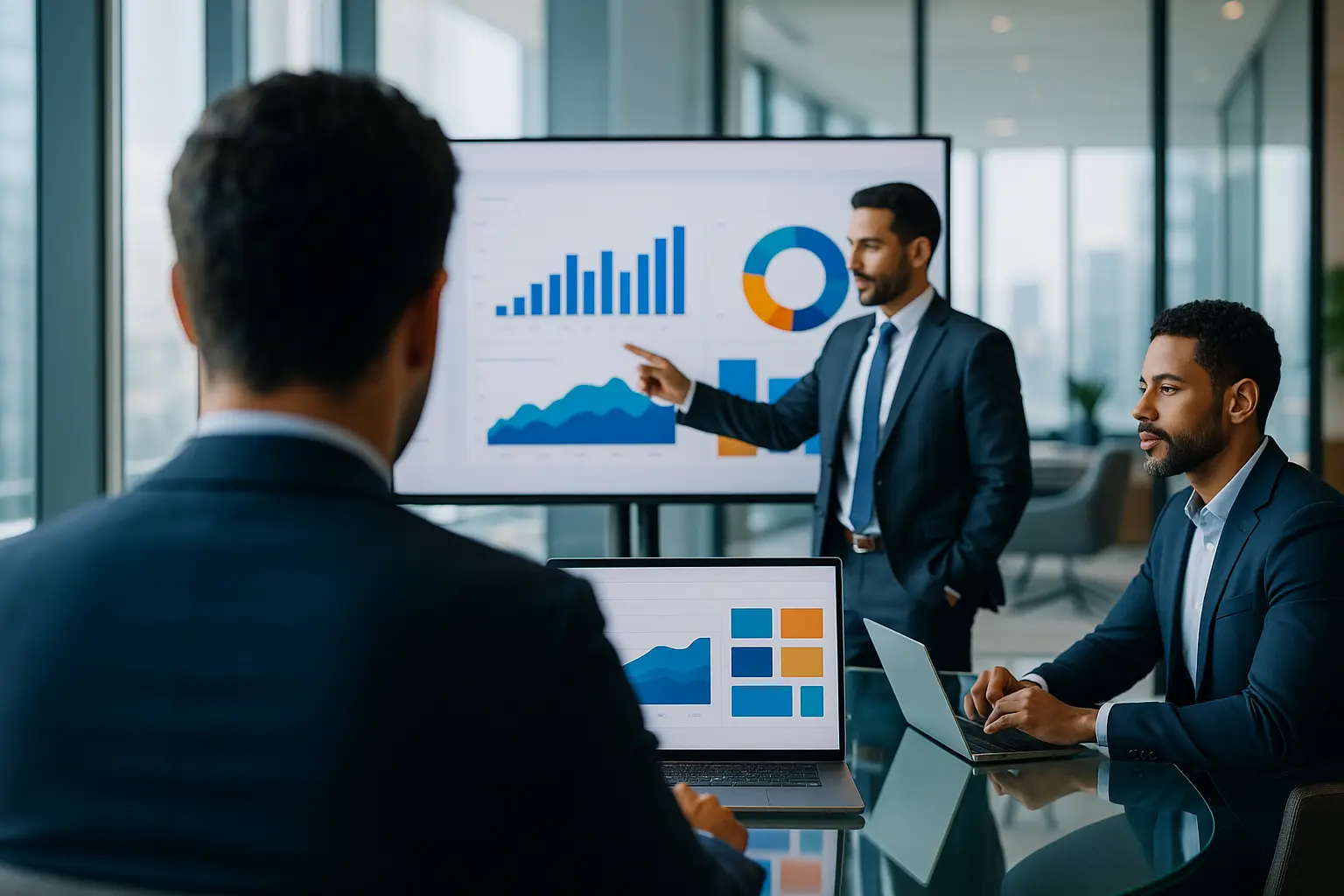 Gestores comerciais analisando painel de indicadores de vendas em sala moderna de reunião.