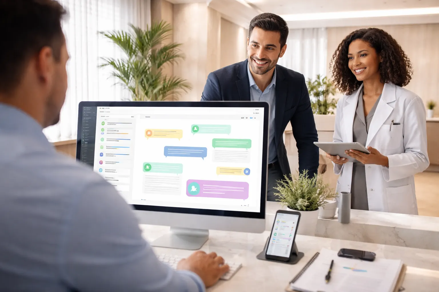 Equipe comercial profissional usando CRM com inteligência artificial para atendimento no WhatsApp