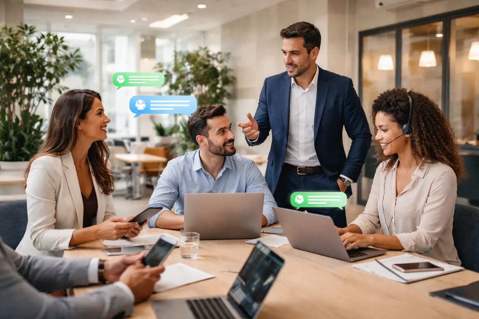 Equipe de vendas organizada e confiante trabalhando em escritório moderno e sofisticado com CRM