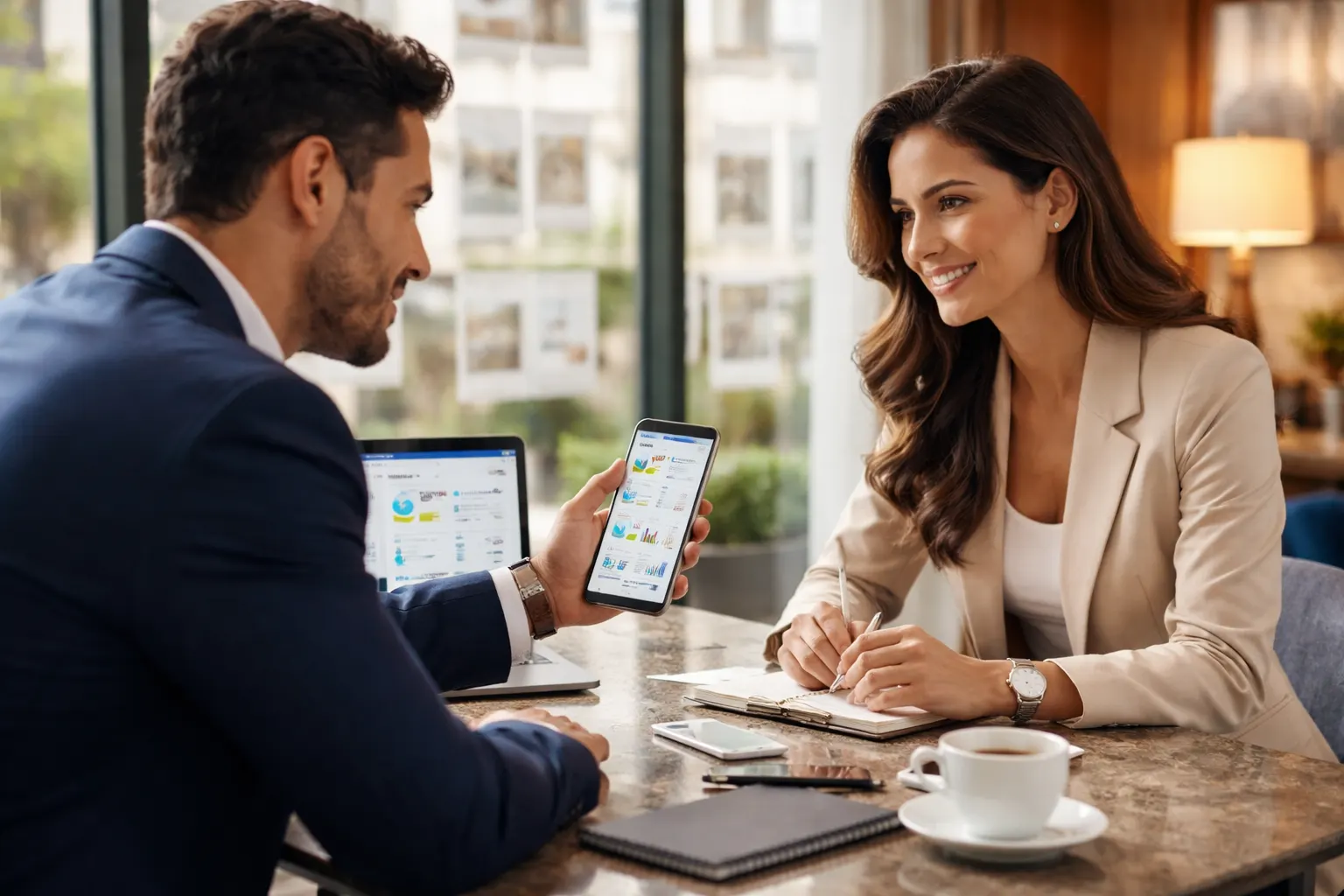 Gestor comercial analisando métricas e vendas no escritório moderno