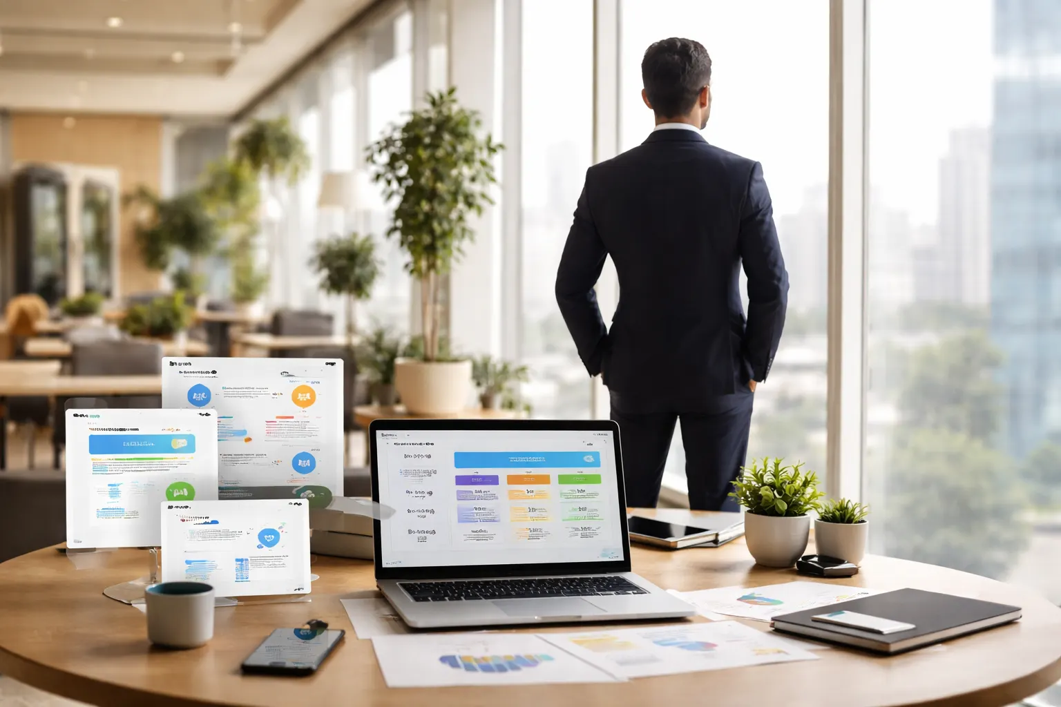 Equipe comercial confiante em escritório moderno durante migração de CRM
