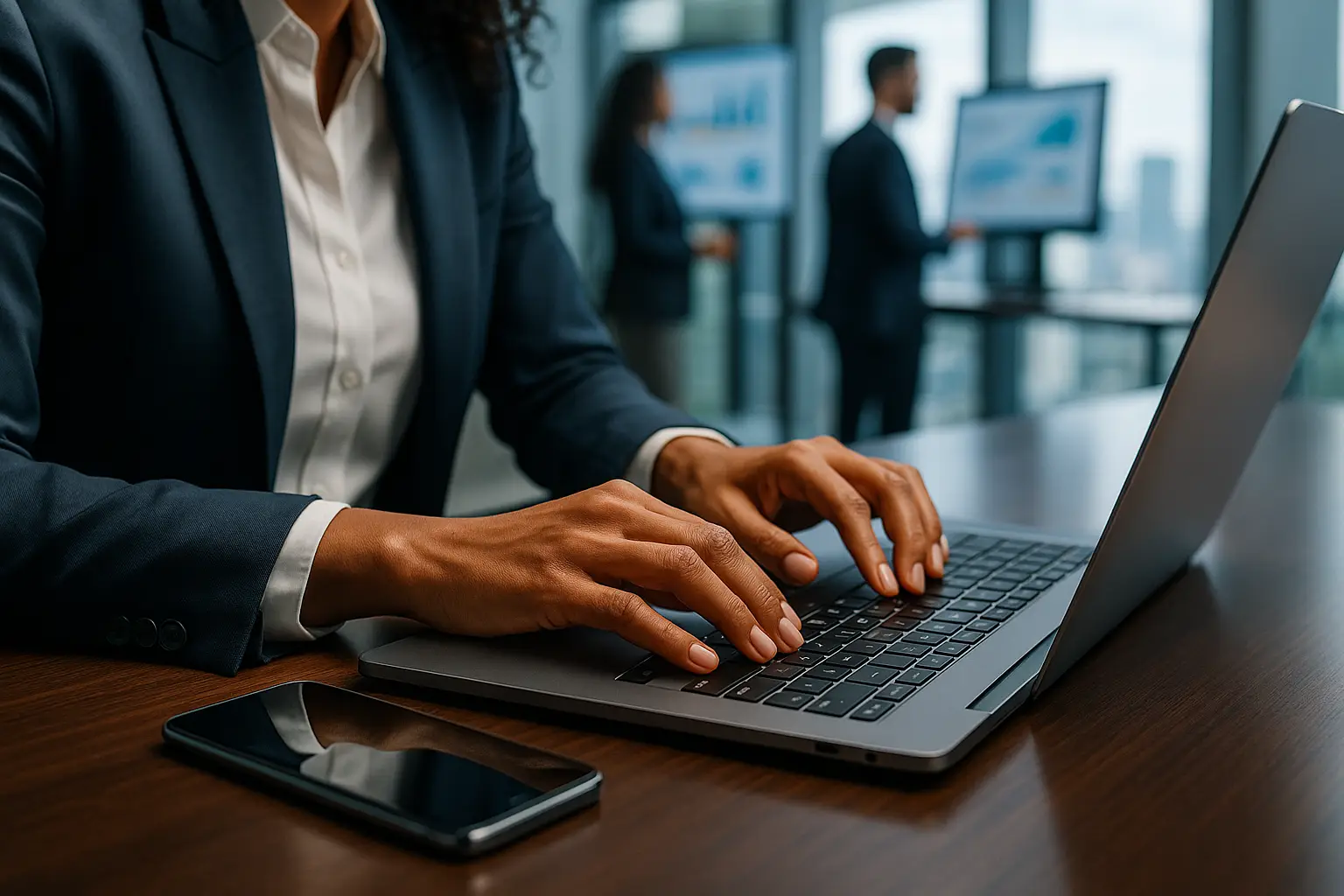 Gestor comercial analisando dados de vendas em escritório moderno e organizado.