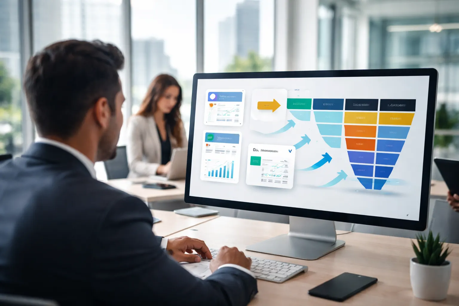 Equipe comercial confiante usando CRM moderno em escritório sofisticado