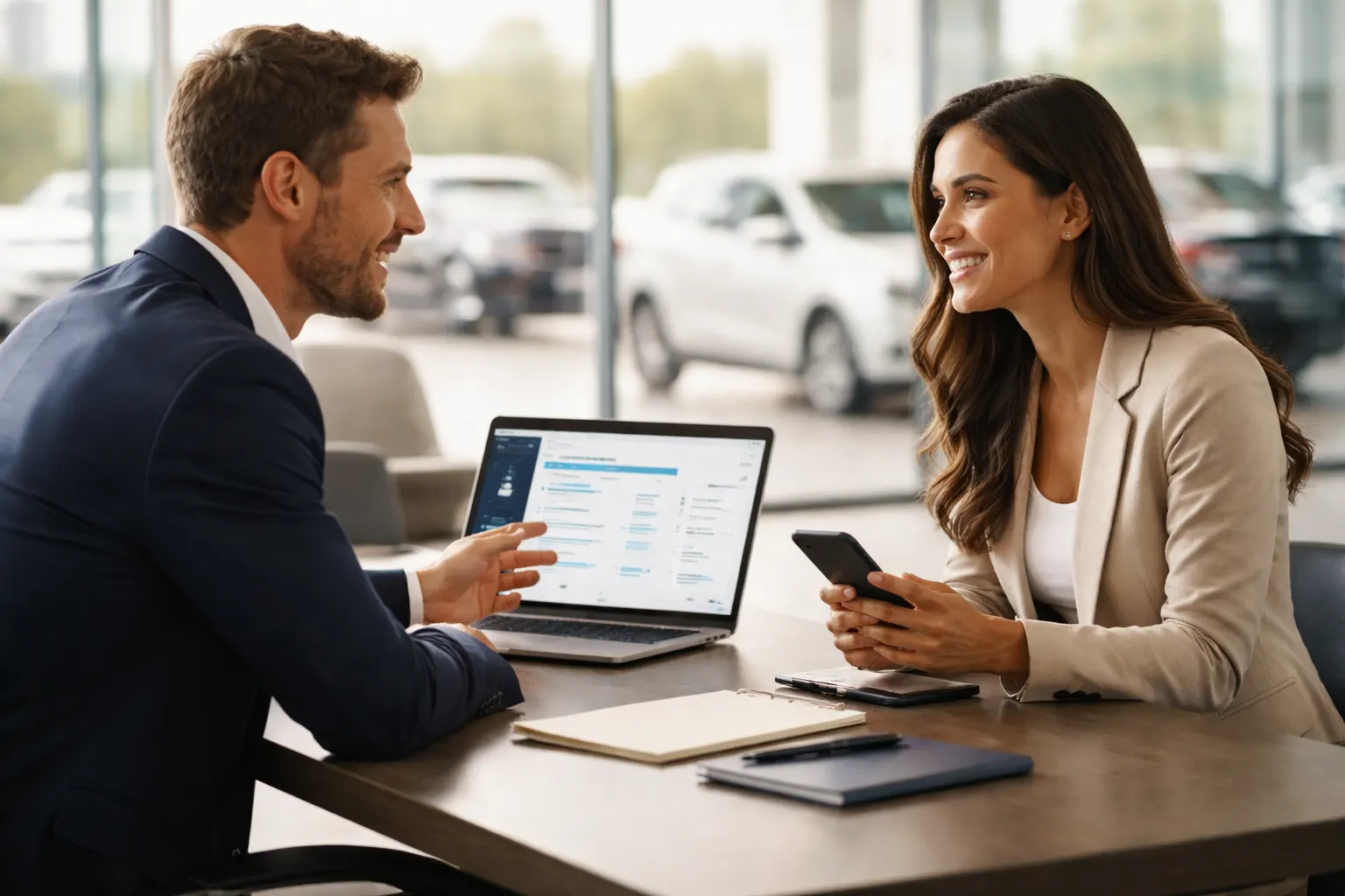 Equipe de vendas profissional em concessionária moderna utilizando CRM em laptops e smartphones