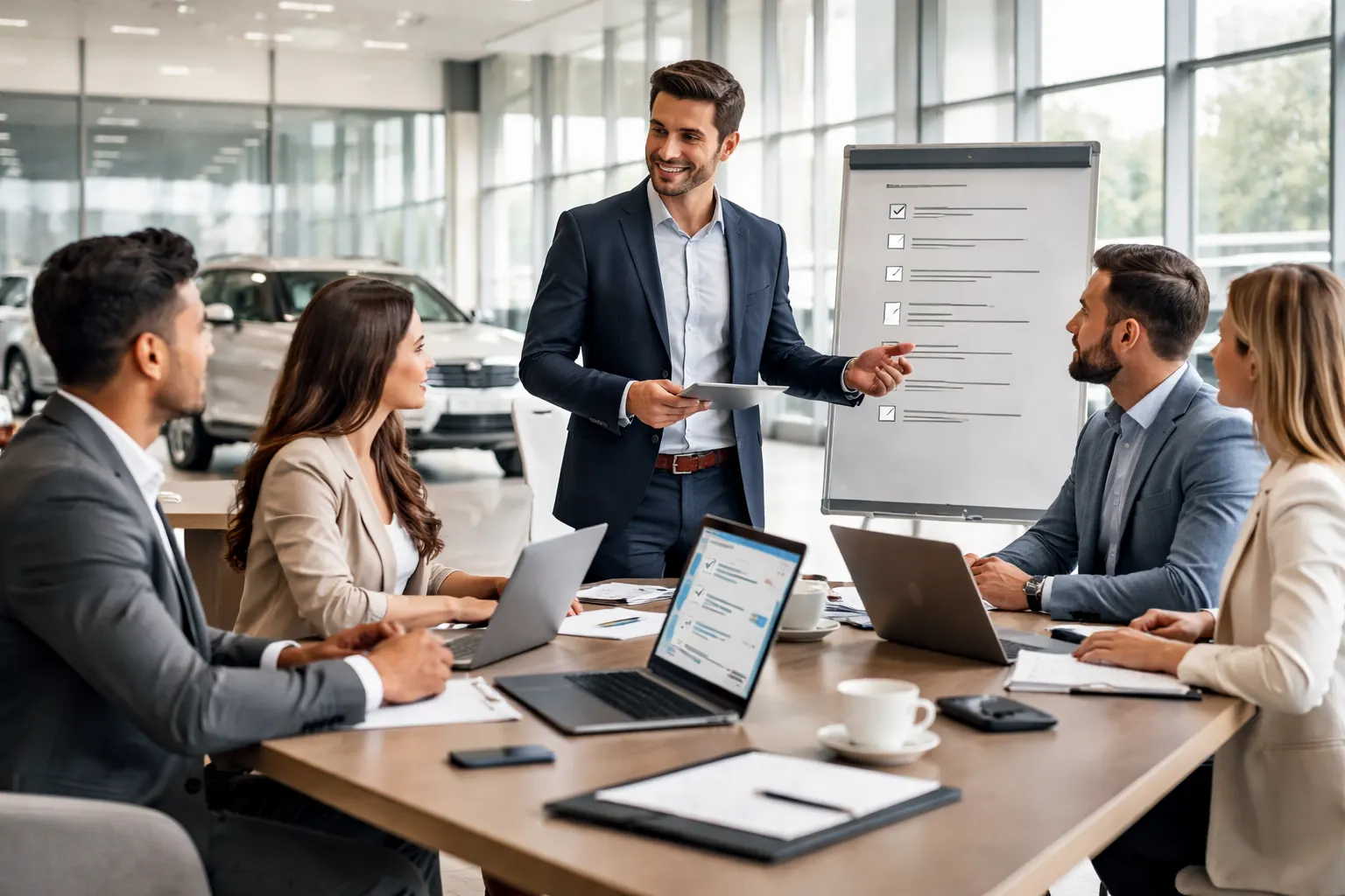 Equipe de vendas de concessionária organizada em escritório moderno discutindo estratégias comerciais