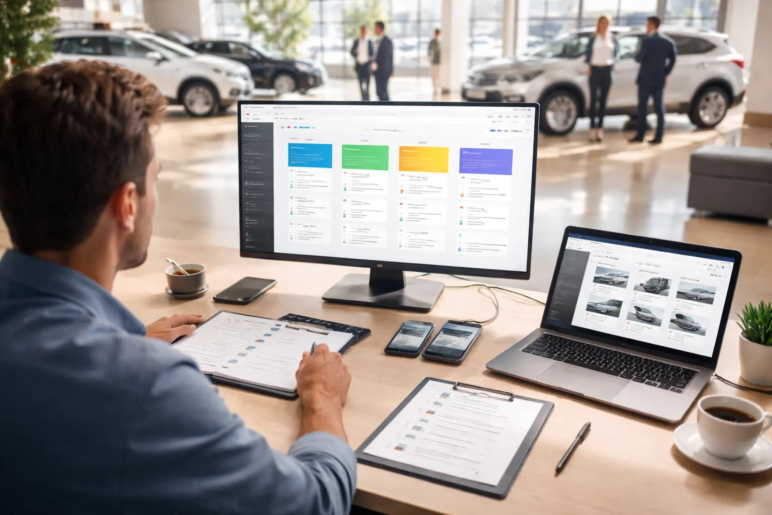 Concessionária automotiva com vendedores atendendo clientes e estoque organizado de veículos