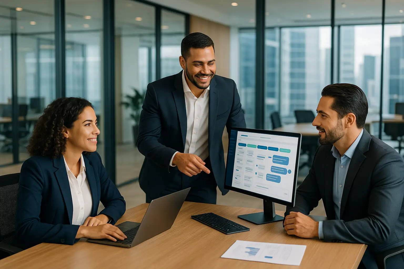 Gestor comercial e equipe analisando leads no computador com WhatsApp em escritório brasileiro real.