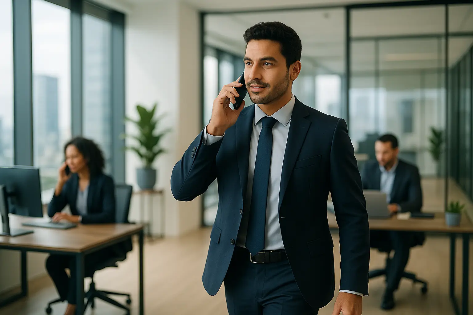 Equipe comercial atendendo clientes pelo WhatsApp em escritório bem organizado.
