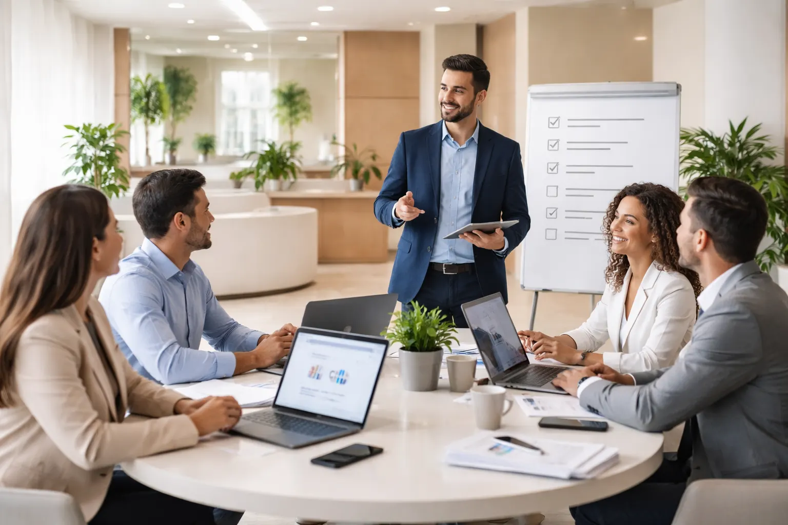 Equipe comercial organizada em escritório moderno discutindo atendimento pós-consulta em clínica pelo WhatsApp