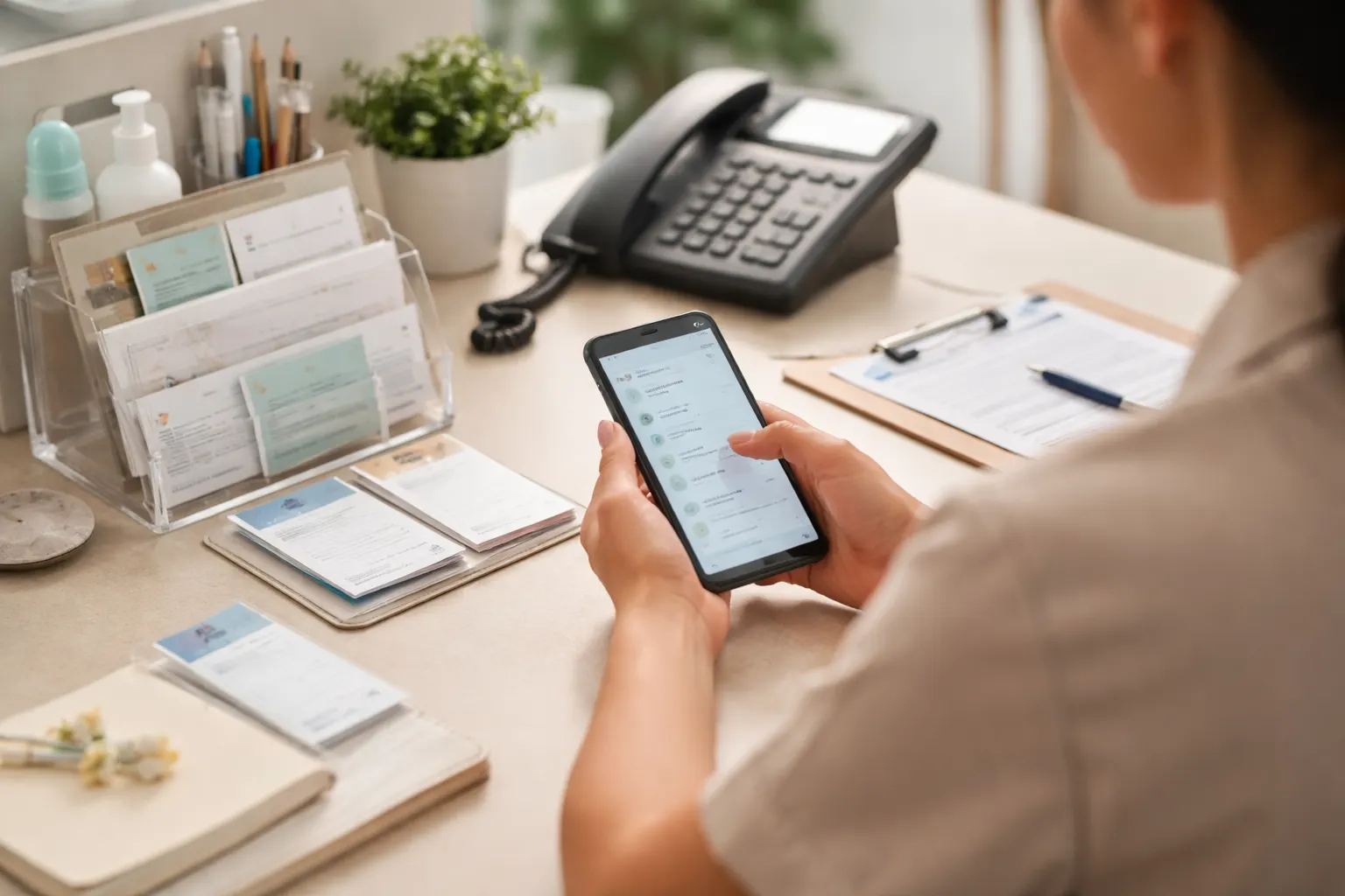 Equipe comercial organizada em escritório moderno discutindo atendimento pós-consulta em clínica pelo WhatsApp