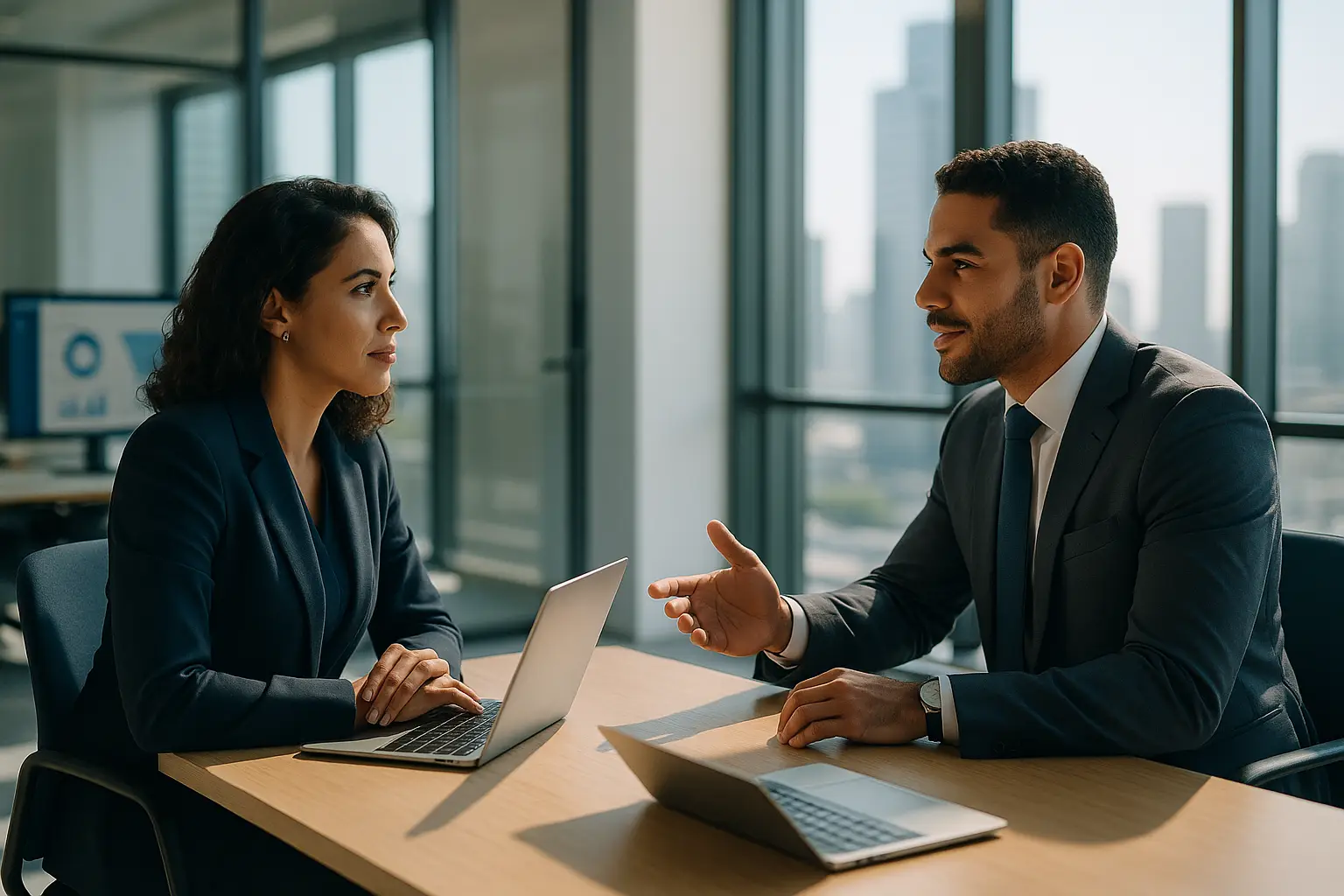 Equipe comercial analisa origem de leads em sala moderna com tela exibindo funil de vendas.