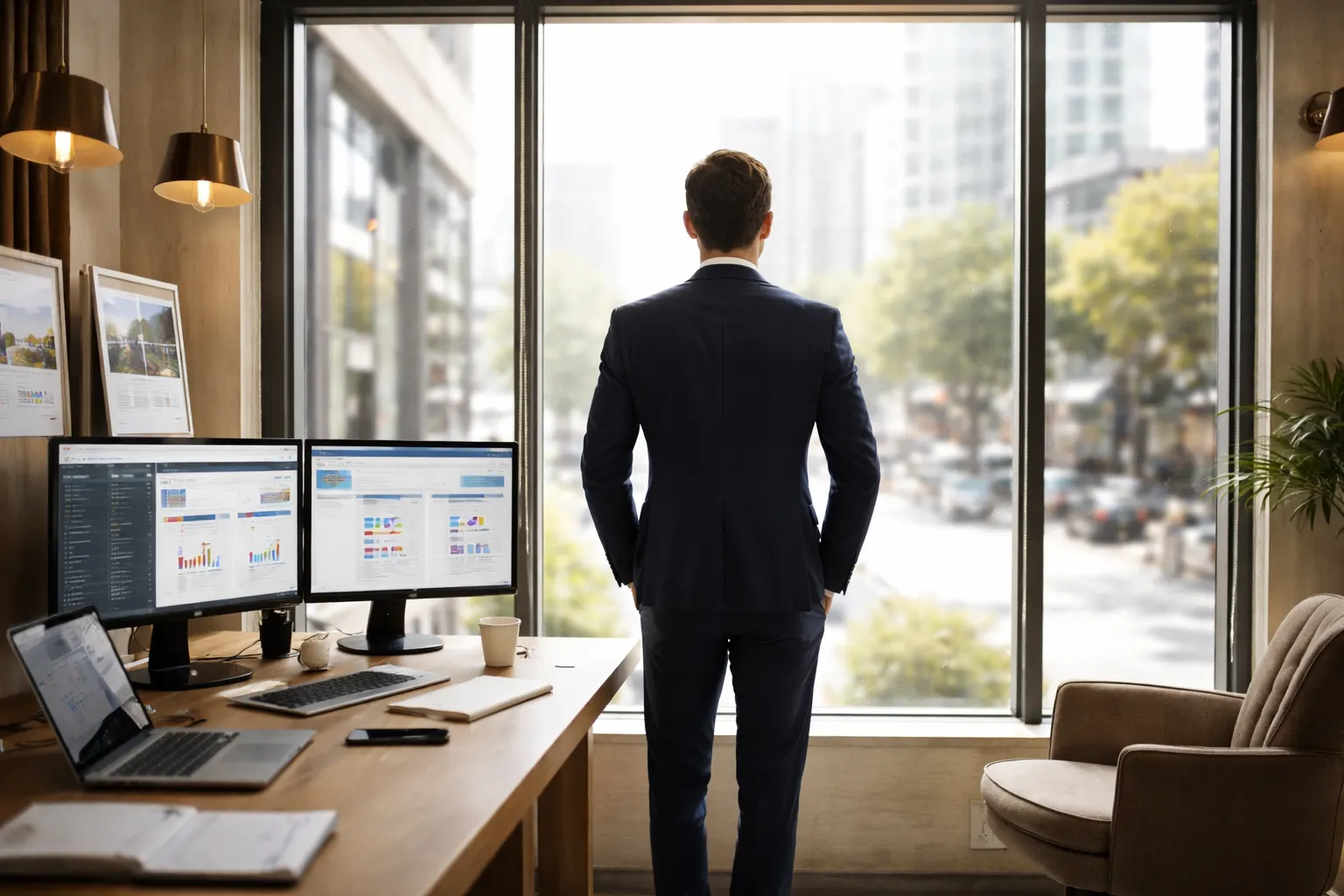 Profissionais analisando dados de vendas e origem de leads em escritório moderno