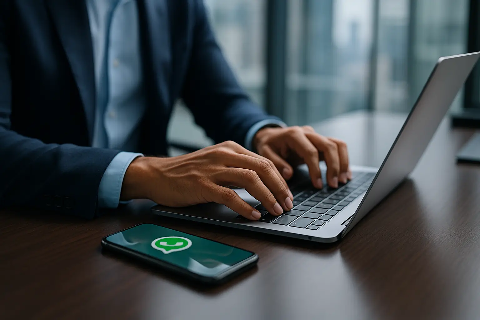 Equipe comercial colaborando em atendimento pelo WhatsApp em escritório moderno.