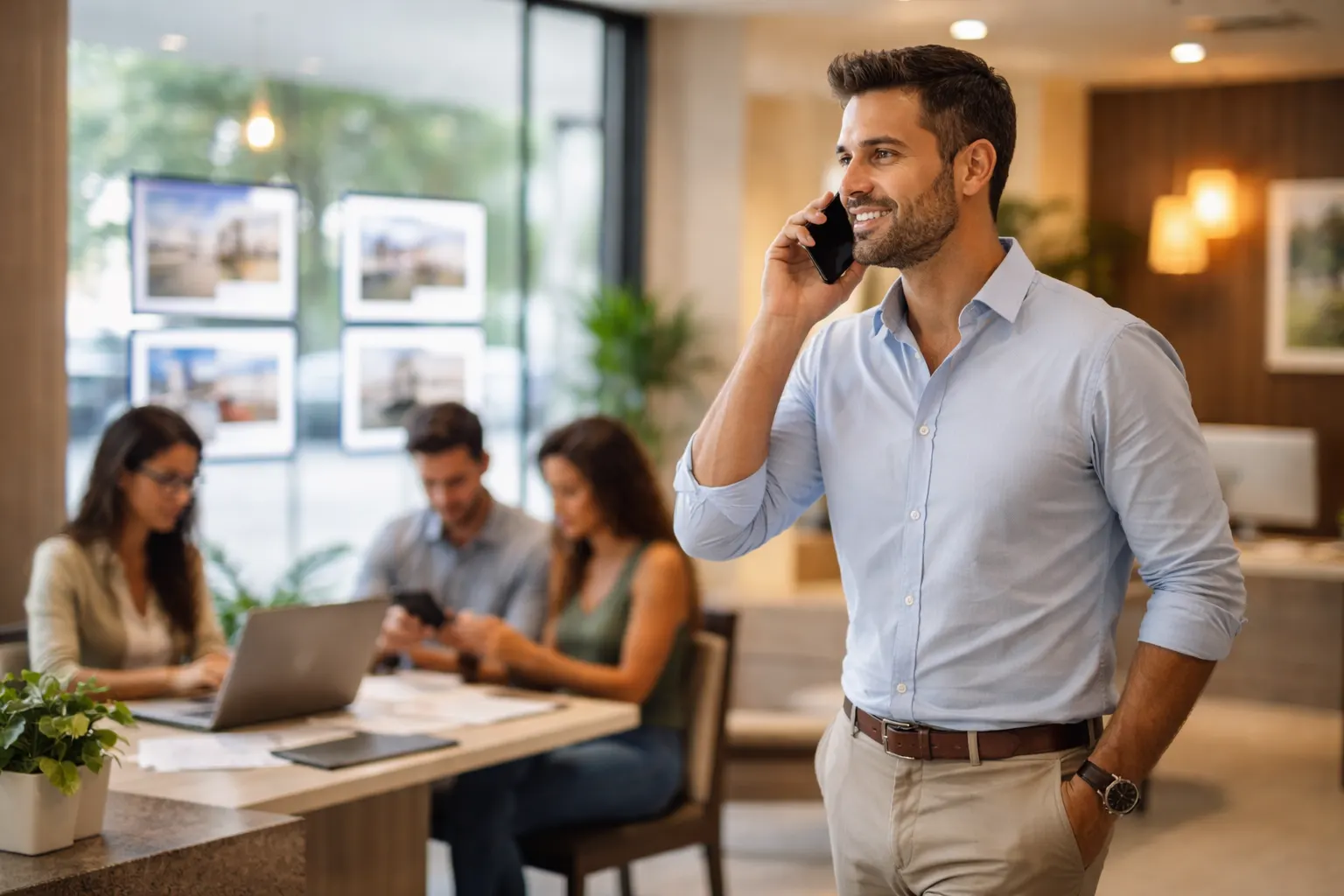 Gestor imobiliário organizando leads no WhatsApp em ambiente de escritório moderno