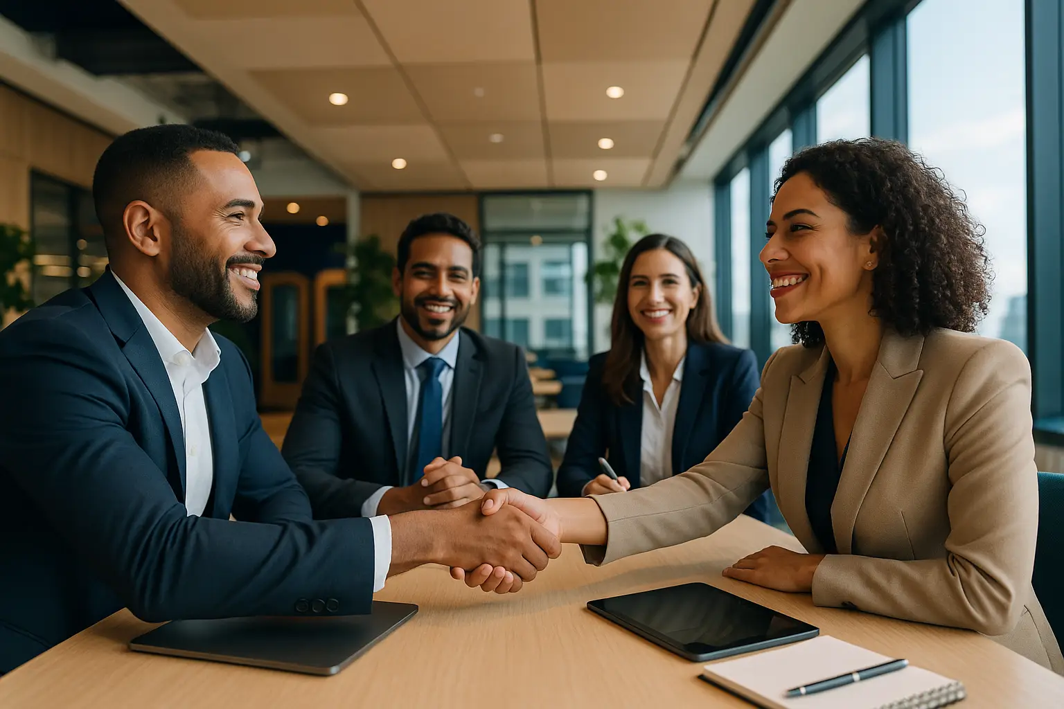 Equipe comercial analisando leads em escritório moderno com notebooks e smartphones.