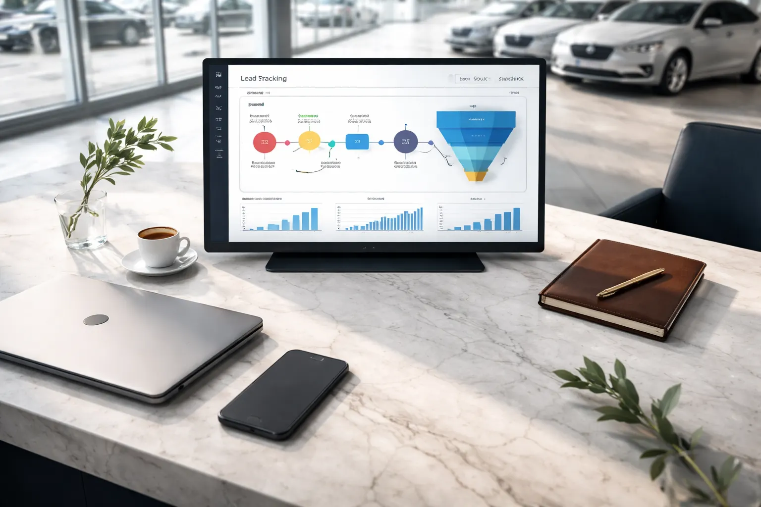 Equipe comercial profissional em escritório moderno discutindo resultados de anúncios e vendas via WhatsApp